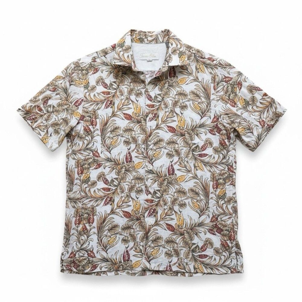 Tasso Elba 100% Linen Shirt Womens Medium Beige Floral Tropical Resort Coastal
